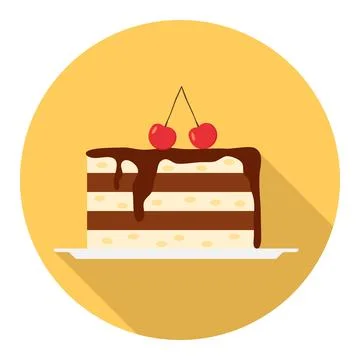 Piece of chocolate cake with cherries on top in yellow circle flat vector Stock Illustration