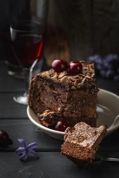 A piece of chocolate cake on a fork Stock-Fotos