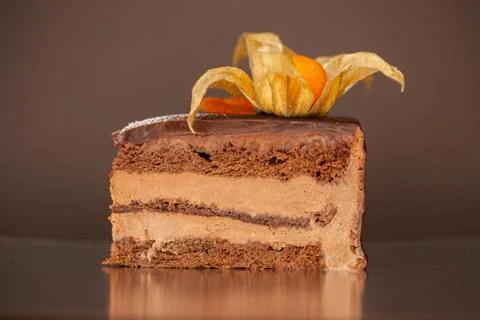 A piece of chocolate cake with mint on the table, close-up Stock Photos
