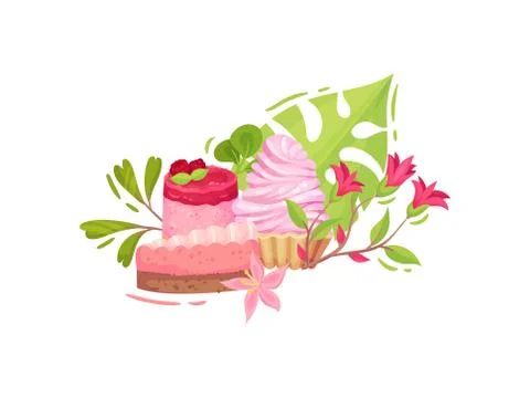 Piece of chocolate cake, raspberry cake with berries and basket with lush cream Illustrazione stock