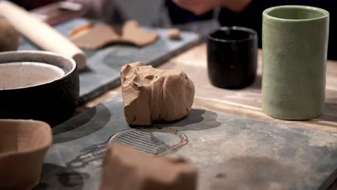 Piece of clay preparing to become a ceramic bowl in pottery workshop. Stock Footage 201568567