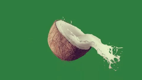 A piece of coconut on green screen and broken with splash milk it splashing Stock-Footage 335129747