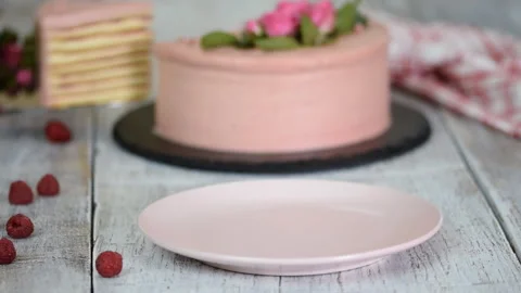 Piece of delicious layered cake with raspberry sauce. Stock Footage 117035209