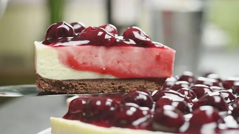 Piece delicious no bake cherry cheesecake. Stock Footage 168146403