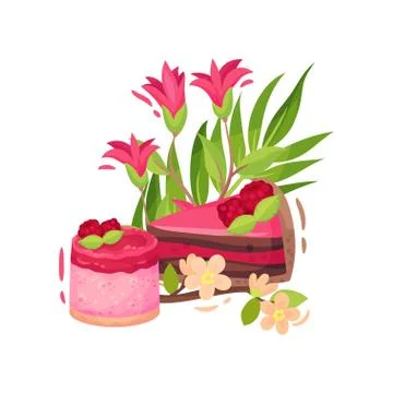 Piece of double-layer cake muffin with raspberry berries. Vector illustration on Stock Illustration