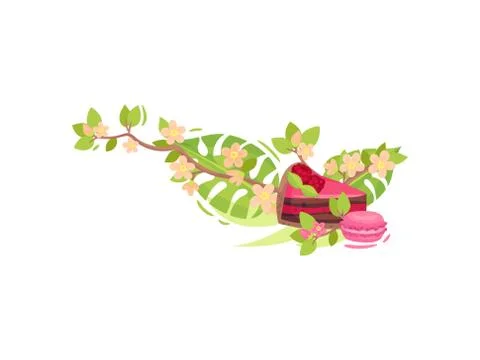 Piece of double-layer cake with raspberries and cupcake. Vector illustration on Illustrazione stock