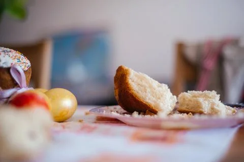 A piece of Easter bread on the table Stock Photos