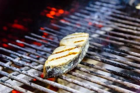A piece of fish is grilled. Stock Photos