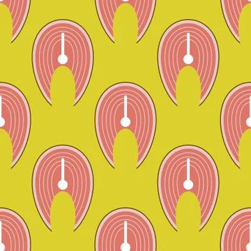 Piece of fish seamless pattern. fresh Slice of pink salmon background. Cuttin 스톡 일러스트
