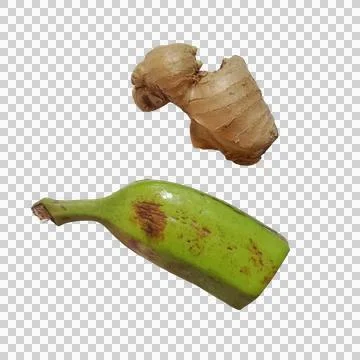 A piece of fresh brown ginger root and a green banana segment on a simple s.. Фото