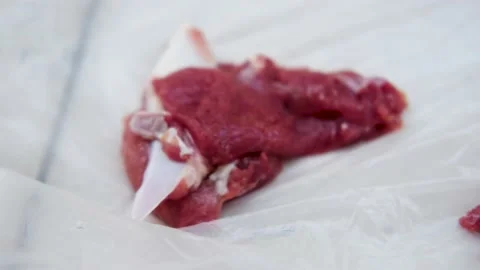 A Piece Of Fresh Raw Beef Meat. Close up. Muslim Festival Qurban adha Stock Footage 201182325