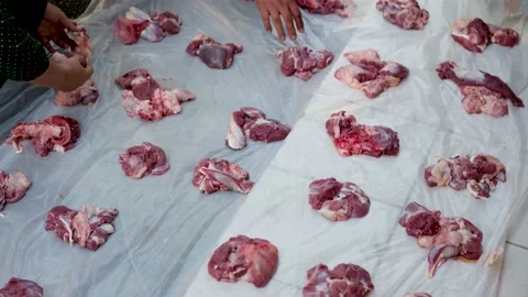 A Piece Of Fresh Raw Beef Meat. Close up. Muslim Festival Qurban adha 스톡 동영상 201182723