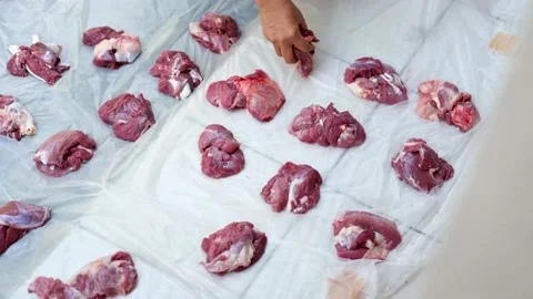 A Piece Of Fresh Raw Beef Meat. Close up. Muslim Festival Qurban adha Stock Footage 201182849