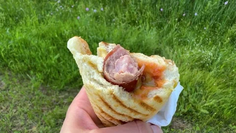 Piece of fried sausage in toasted bread outdoors, street food, fast food Video stock 337434378