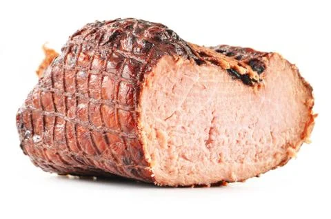 Piece of ham isolated on white Foto stock