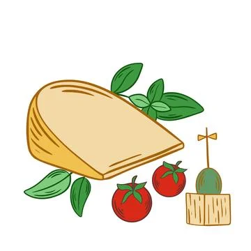 Piece of hard cheese with basil leaves, tomato and olive Stock Illustration