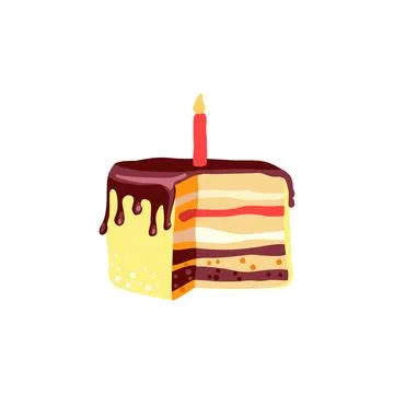 Piece of layer cake with cream and candle for 1 year birthday for card 스톡 일러스트