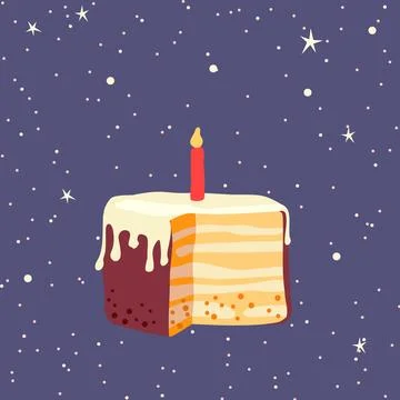 Piece of layer cake with cream and candle for 1 year birthday for card 스톡 일러스트