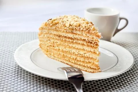 Piece of layer cake with custard and walnuts on a plate Stock Photos