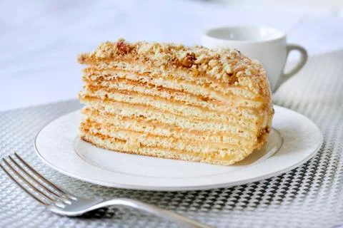 Piece of layer cake with custard and walnuts on a plate Foto stock