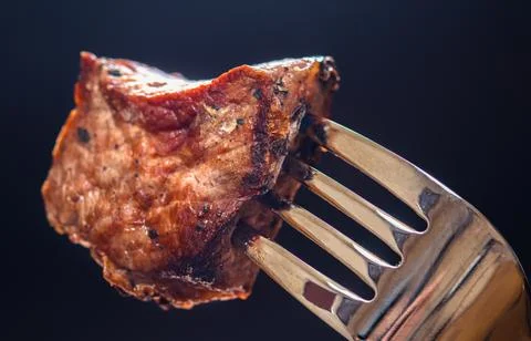 Piece of meat on a fork, dark background Stock Photos