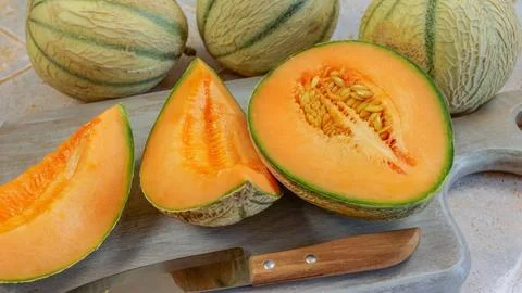 Piece of melon, close up of a table 스톡 사진
