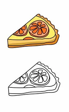 A piece of orange pie with a slice of orange fruit on top coloring page for kids Stock Illustration