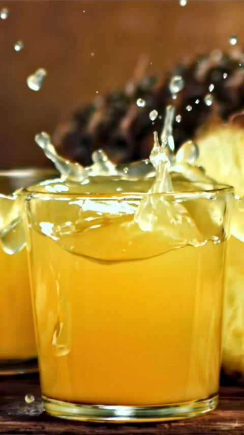 Piece of pineapple falls into pineapple juice. Filmed is slow motion 1000 fps Stock Footage 335292280