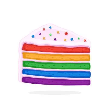 A piece of rainbow cake with glaze cream and colored sugar dragees Stock Illustration