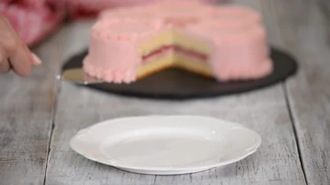 A piece of raspberry cake with pink cream. Stock Footage 121059835