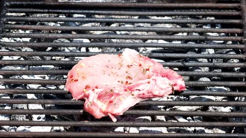Piece of raw pork meat put on a charcoal grill Stock Footage 155312137