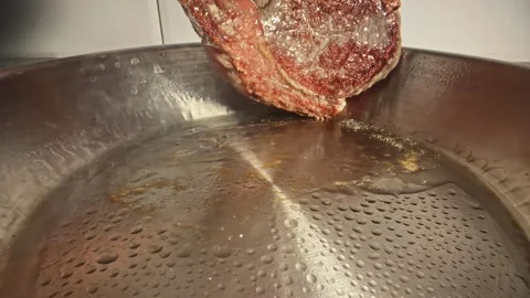A Piece Of Raw Steak Meat Cooked In A Pan. Close-up Shot Stock Footage 326282141
