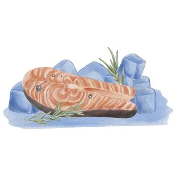 A piece of red fish rests on ice cubes, surrounded by black pepper and rosema Stock Illustration