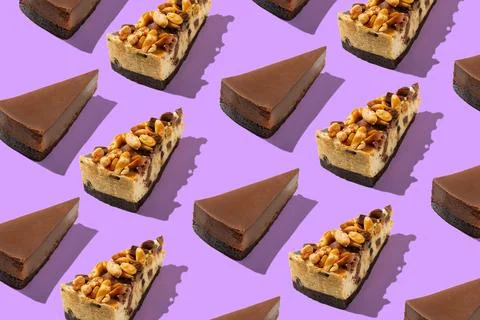 Piece slice assorted cheesecakes pattern on purple background isolated Stock Photos
