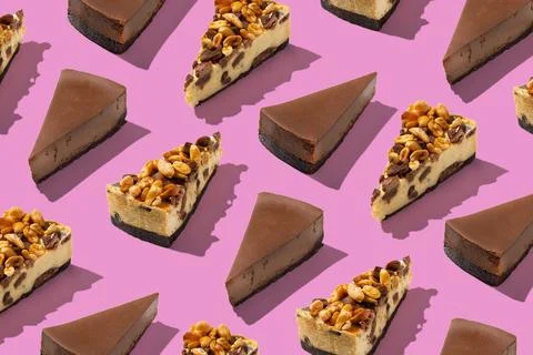 Piece slice assorted cheesecakes pattern on pink background isolated 스톡 사진