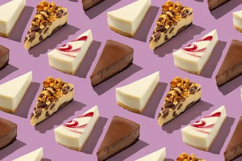 Piece slice assorted cheesecakes pattern on purple background 스톡 사진