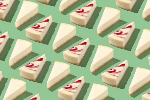 Piece slice cheesecake pattern on green background isolated 스톡 사진