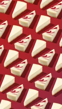 Piece slice cheesecake pattern on red background isolated Stock Photos