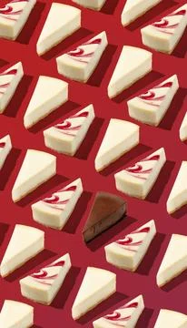 Piece slice cheesecake pattern on red background isolated 스톡 사진