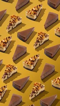 Piece slice cheesecake pattern on yellow orange background isolated Stock Photos