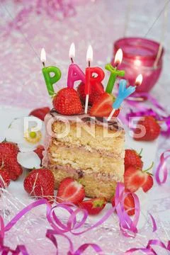 A Piece Of Strawberry Layer Cake With Candles, For A Birthday