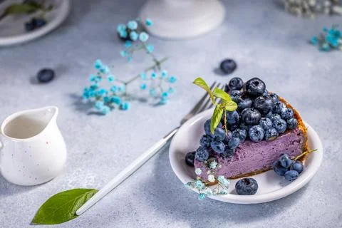 Piece of sweet creamy blueberry cheesecake with blueberries sweet tasty che.. Stock Photos