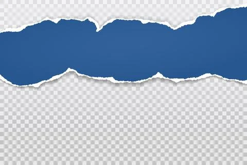 Piece of torn blue horizontal paper with soft shadow stuck on white background Illustrazione stock
