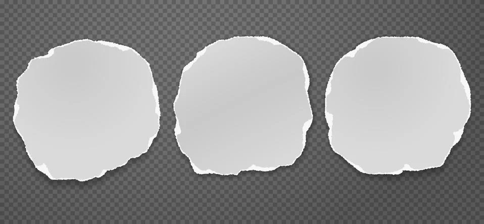 Piece of torn white note, notebook paper circles with soft shadow stuck on black Stock Illustration