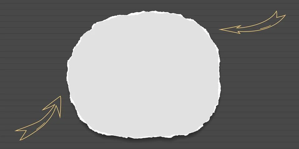 Piece of torn white, round note paper with arrows in corners is on lined dark Stock Illustration