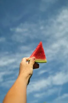A piece of watermelon in the hand on a blue background 스톡 사진