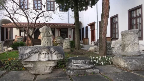 Pieces of ancient artwork presented in the museum yard 2 Stock Footage 123362323