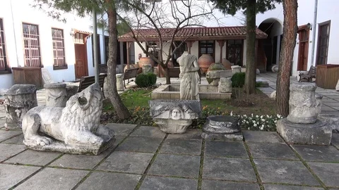 Pieces of ancient artwork presented in the museum yard Stock Footage 123364304