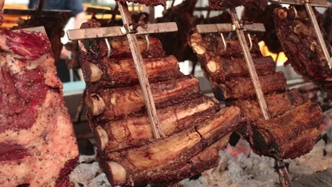 Pieces of beef on the fire Stock Footage 95890697