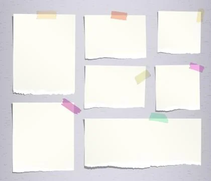 Pieces of beige ripped note, notebook paper sheets with colorful adhesive Stock Illustration